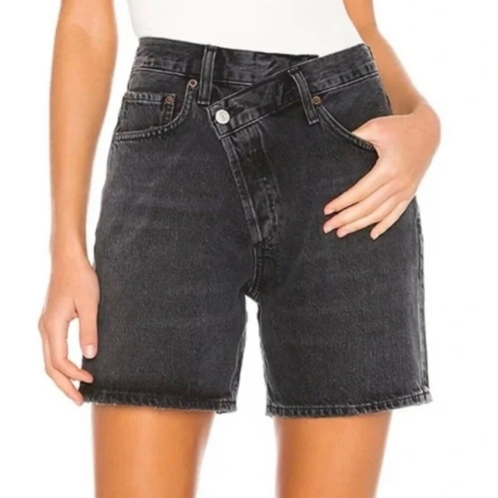 AGOLDE Criss Cross Denim Shorts Womens Size 27 Black Charcoal Wash Photogram
